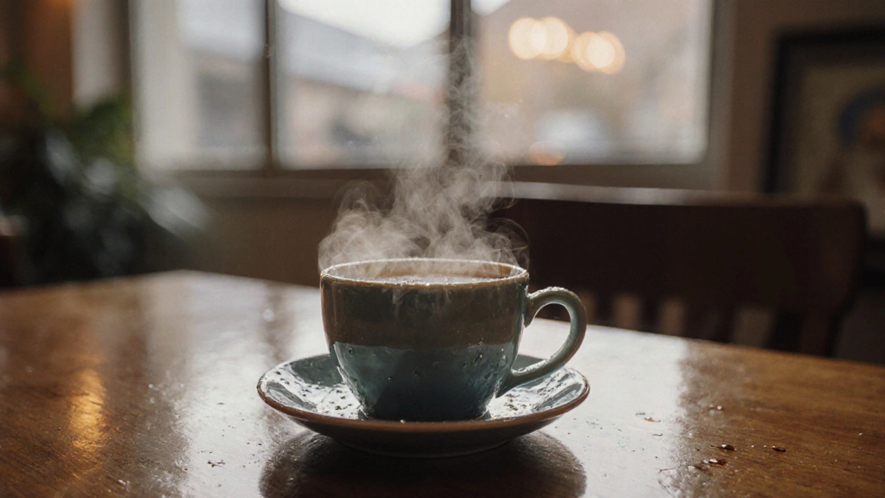 A photorealistic coffee cup with water droplets and reflections on a wooden table.