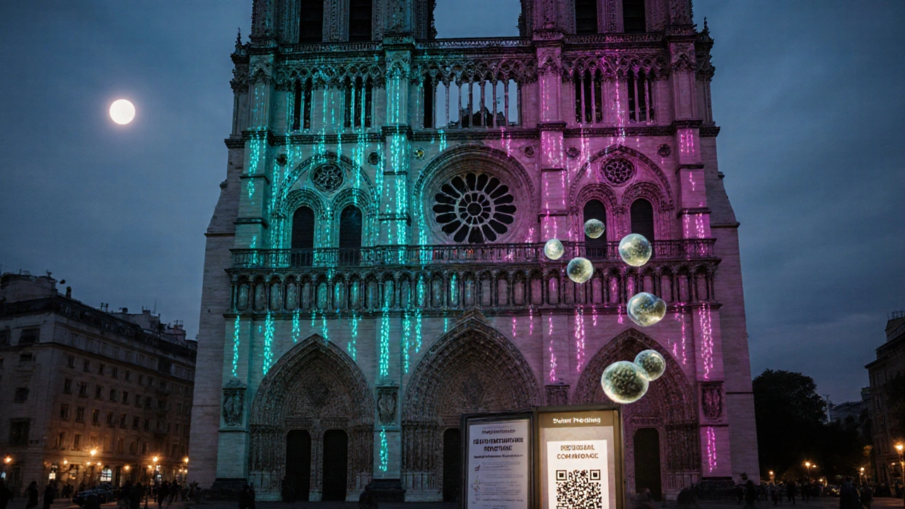 AI‑generated projection on a cathedral with AR sculptures and a solar‑powered community board.