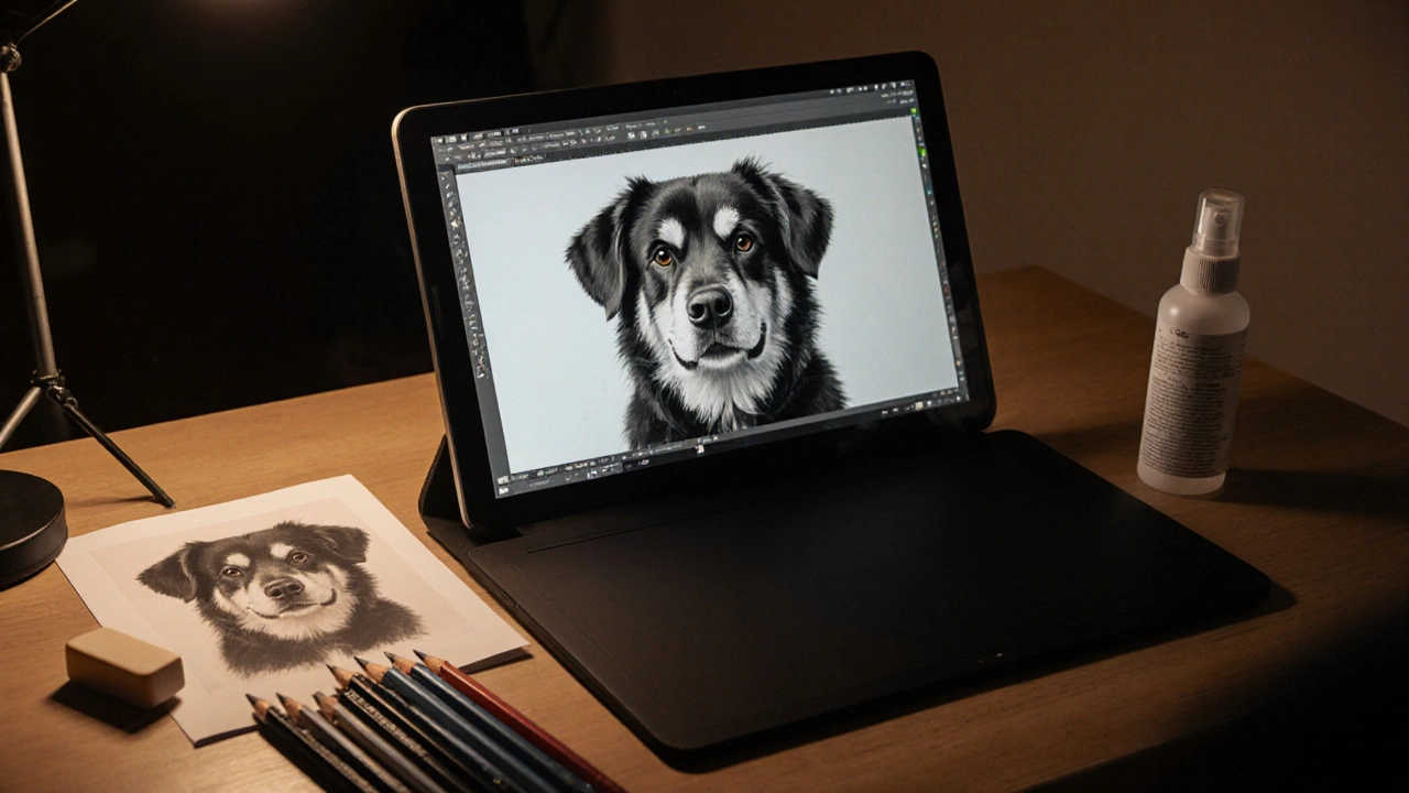 An artist working on a digital portrait of a dog with zoomed-in fur details on a tablet.