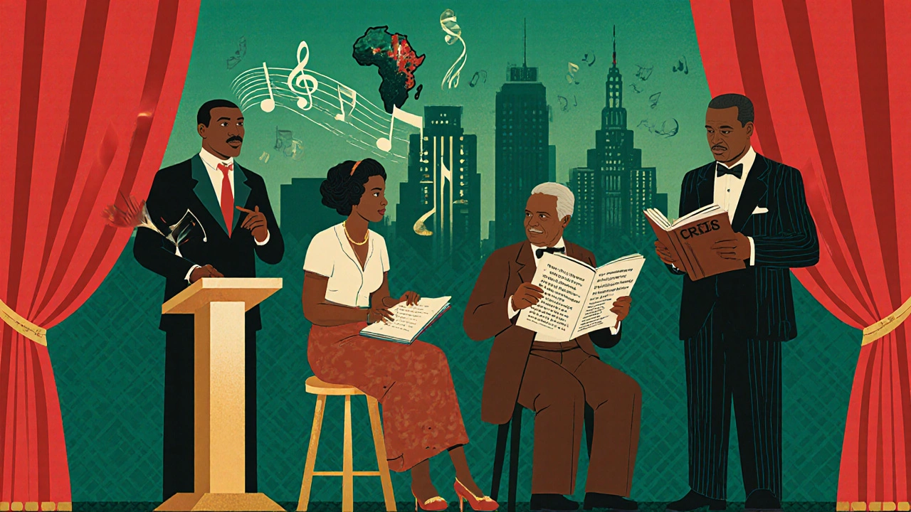 Art Deco illustration of Langston Hughes, Zora Hurston, Claude McKay, and W.E.B. Du Bois.