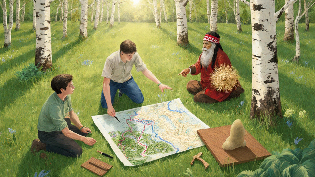 Artist, ecologist, and Indigenous elder planning a land art piece on a meadow.