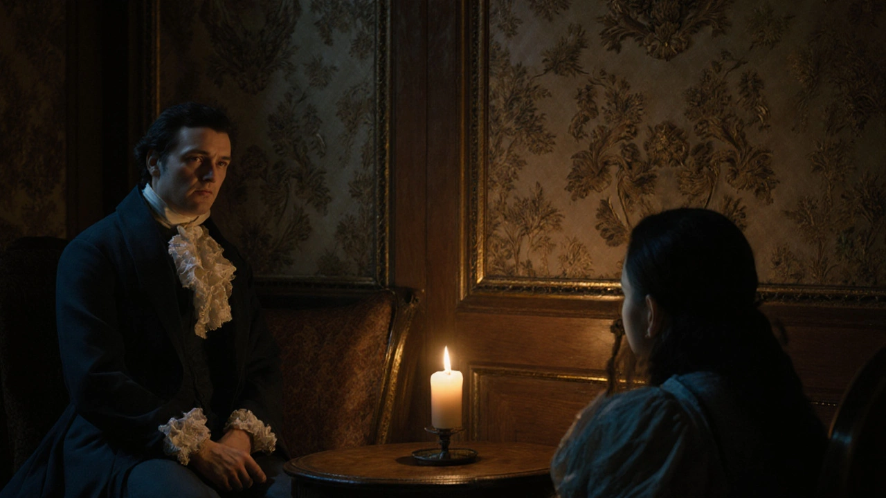 Barry Lyndon‑style candlelit drawing room with deep shadows and gilded details.