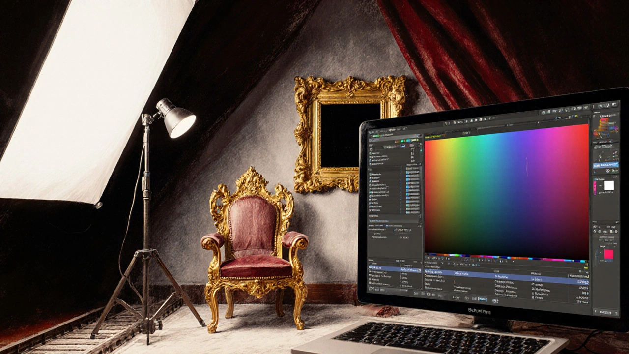 Filmmaker set with single lamp, ornate props, and color‑graded split screen.