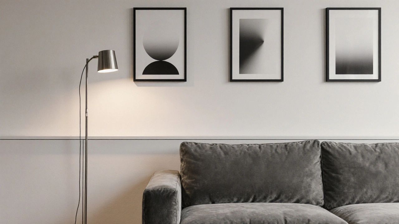 Minimalist studio featuring three monochrome prints, geometric frames, and a charcoal velvet sofa.