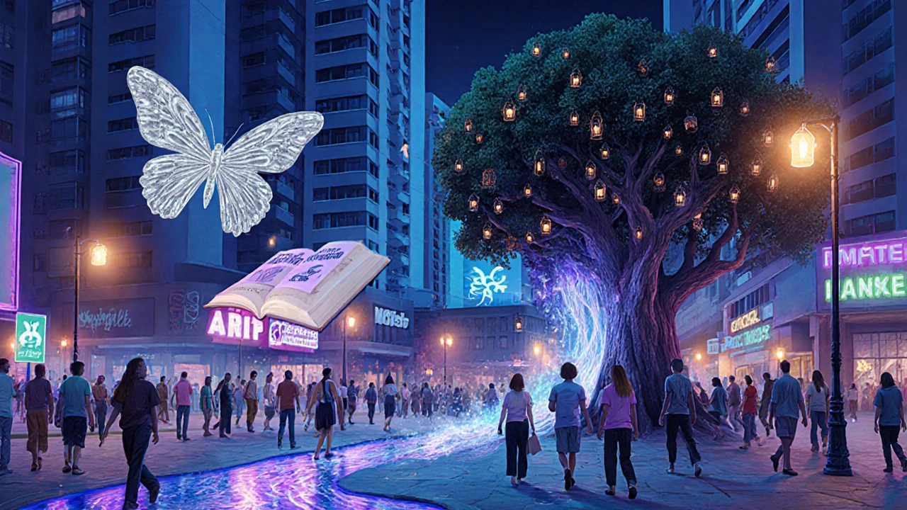 Night city plaza with floating protest butterflies and magical ink river.