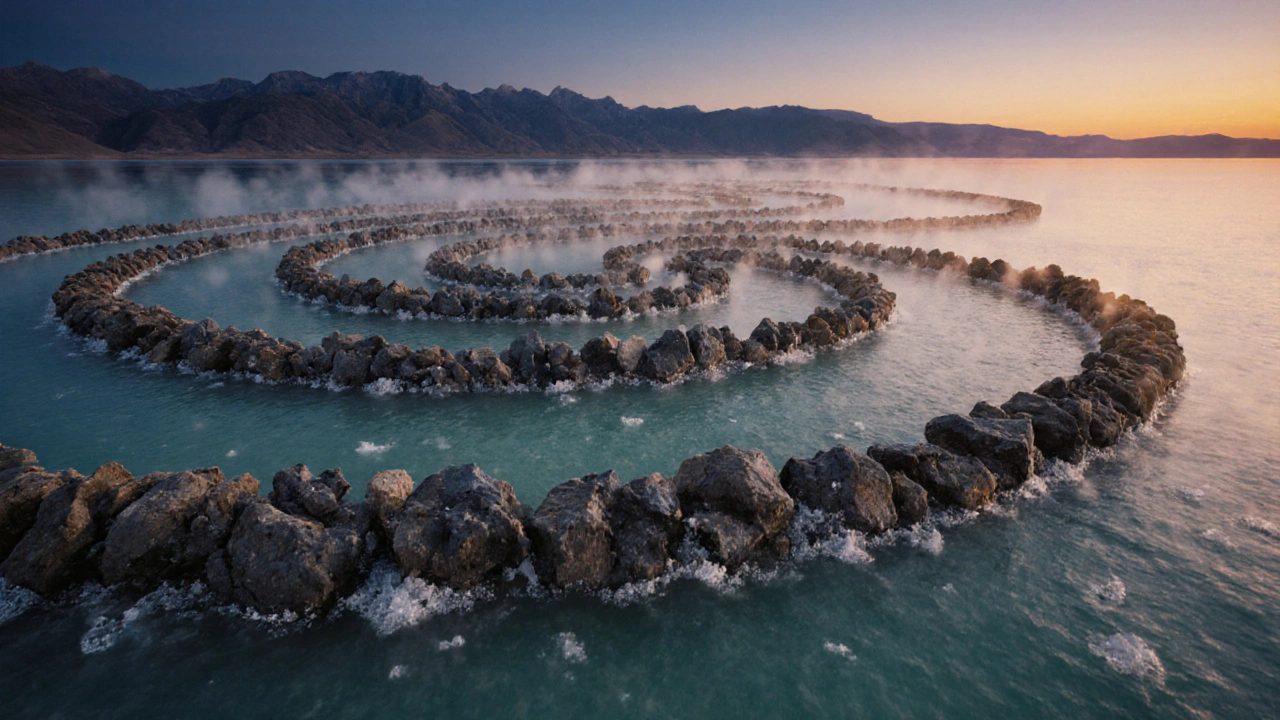 Spiral Jetty at sunrise with basalt coil reflecting golden light on turquoise water.