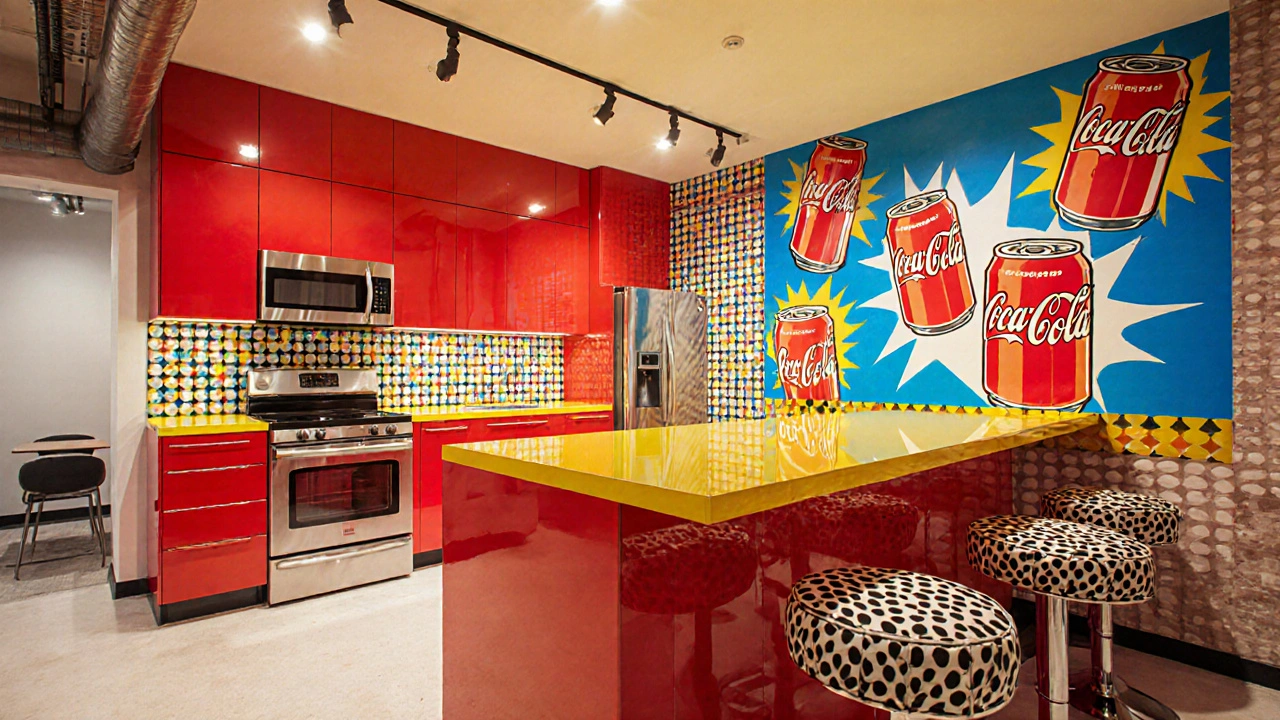 Vibrant kitchen with pop art mural, primary‑colored tiles, and graphic‑patterned stools.