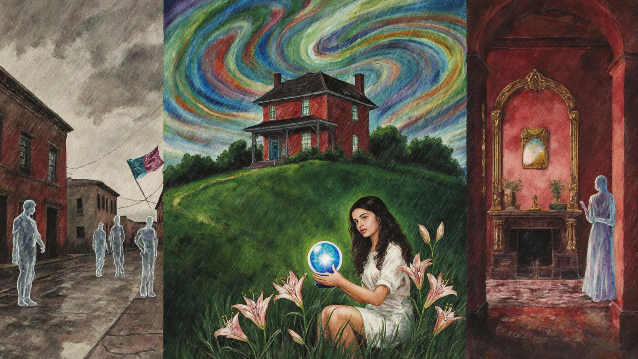 Watercolor collage of a family house, ghost town, and clairvoyant woman.