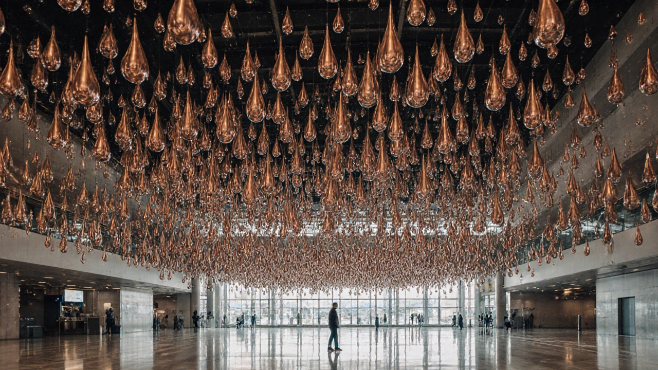 1,200 copper droplets moving in synchronized rain-like patterns in an airport.