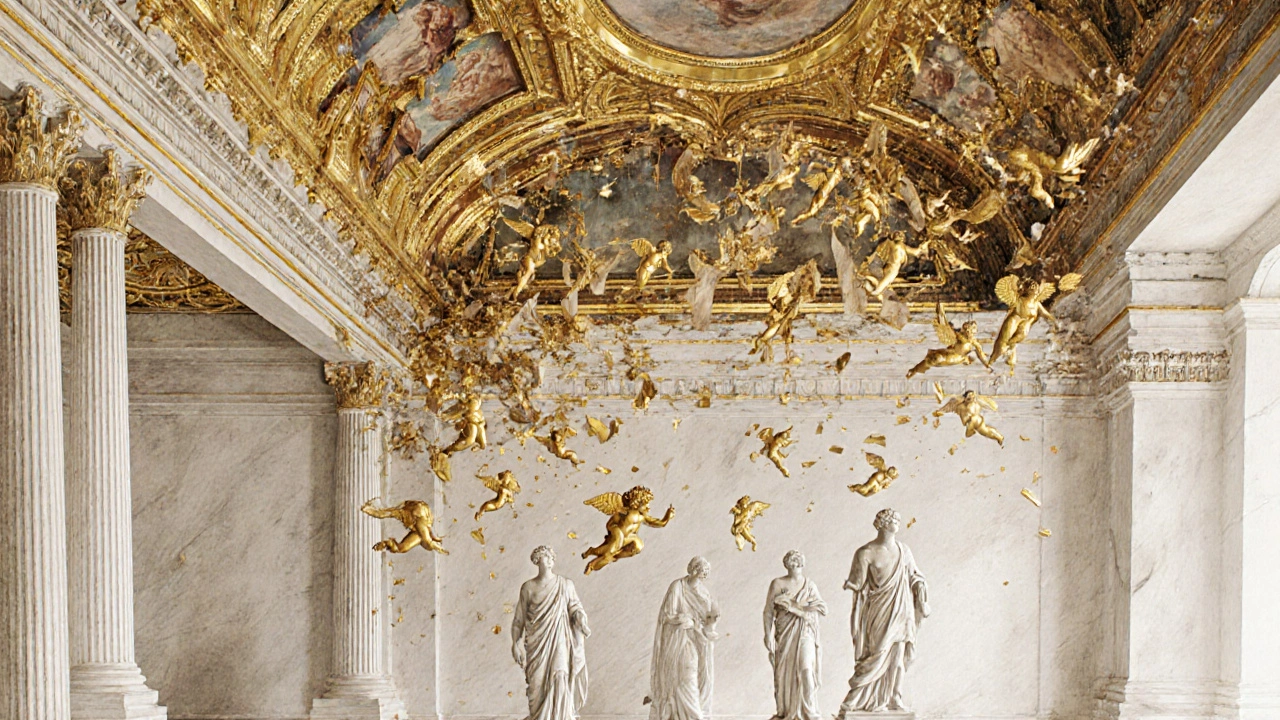 A Baroque ceiling crumbling into a neoclassical colonnade, symbolizing the end of grandeur.