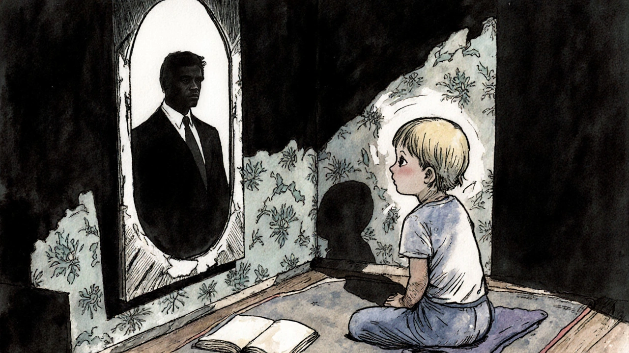 A child stares into a mirror where her reflection shows her deceased father’s ghostly silhouette.