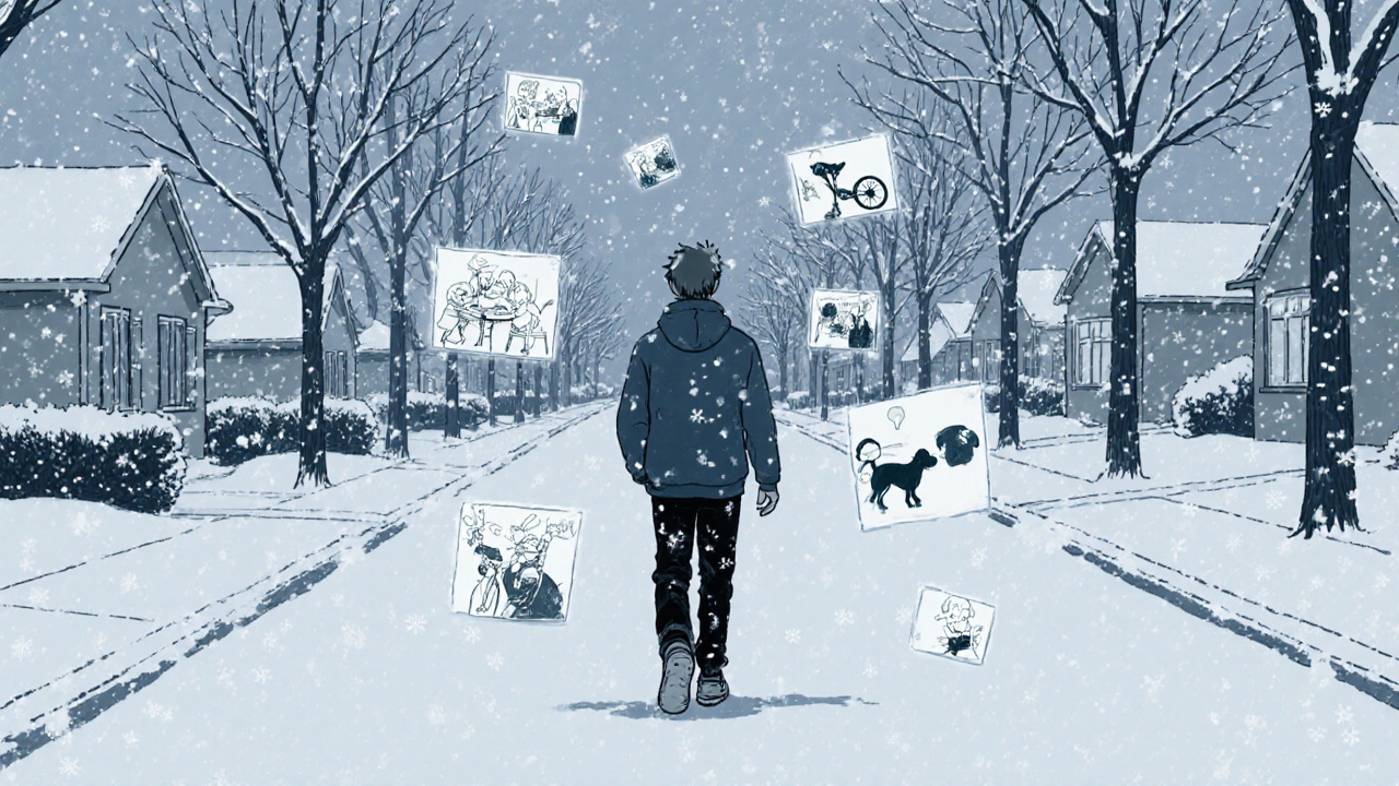 A man walks through a snowstorm as each snowflake becomes a glowing memory of his childhood.