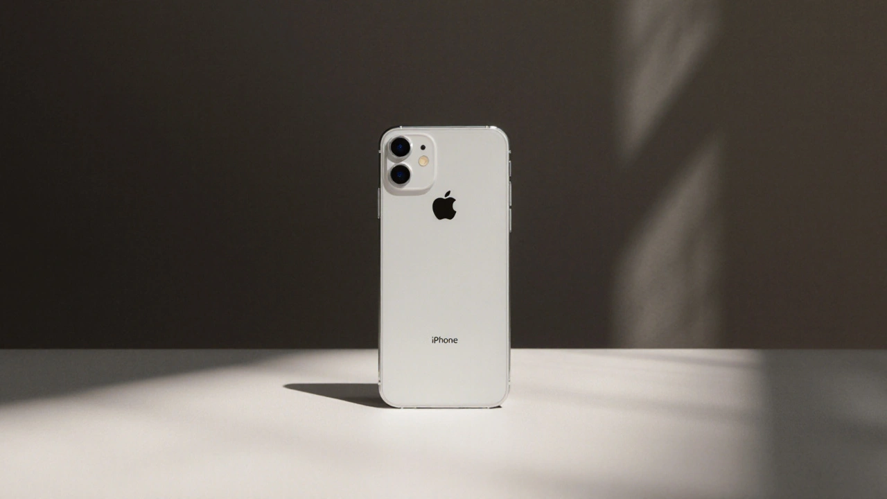 A minimalist iPhone on a white surface with clean lines and no distractions, embodying classicism in digital design.