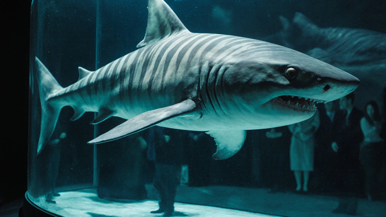 A tiger shark suspended in a glass tank filled with formaldehyde, illuminated by cold blue light.