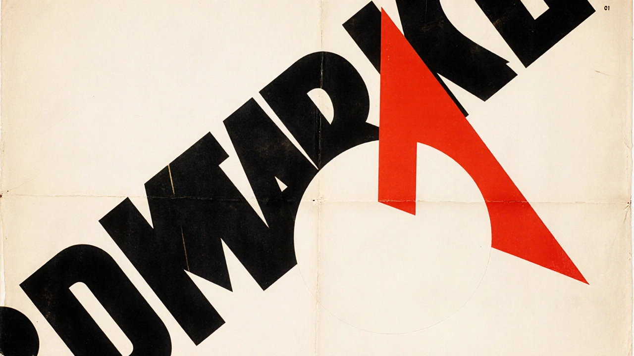 Bold Constructivist poster with red triangle piercing white circle, black typography, and stark red-black-white contrast.