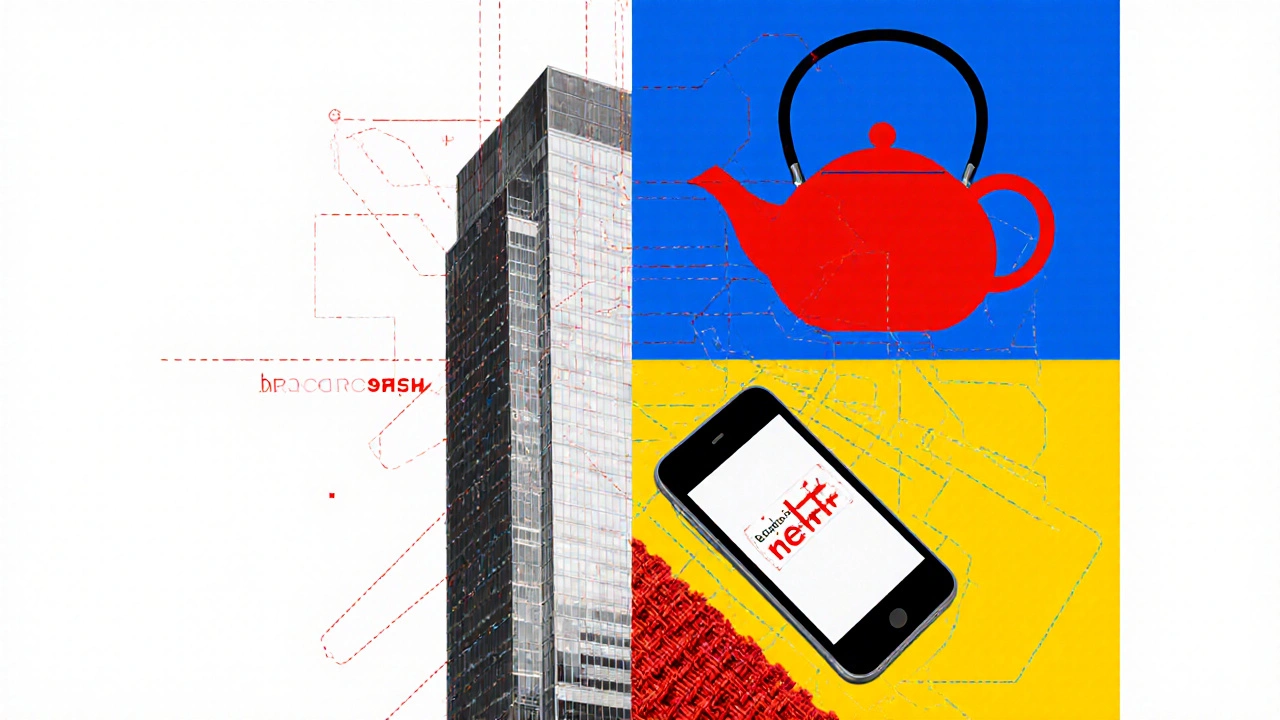 Bold red, yellow, and blue abstract collage of modern objects inspired by Bauhaus.