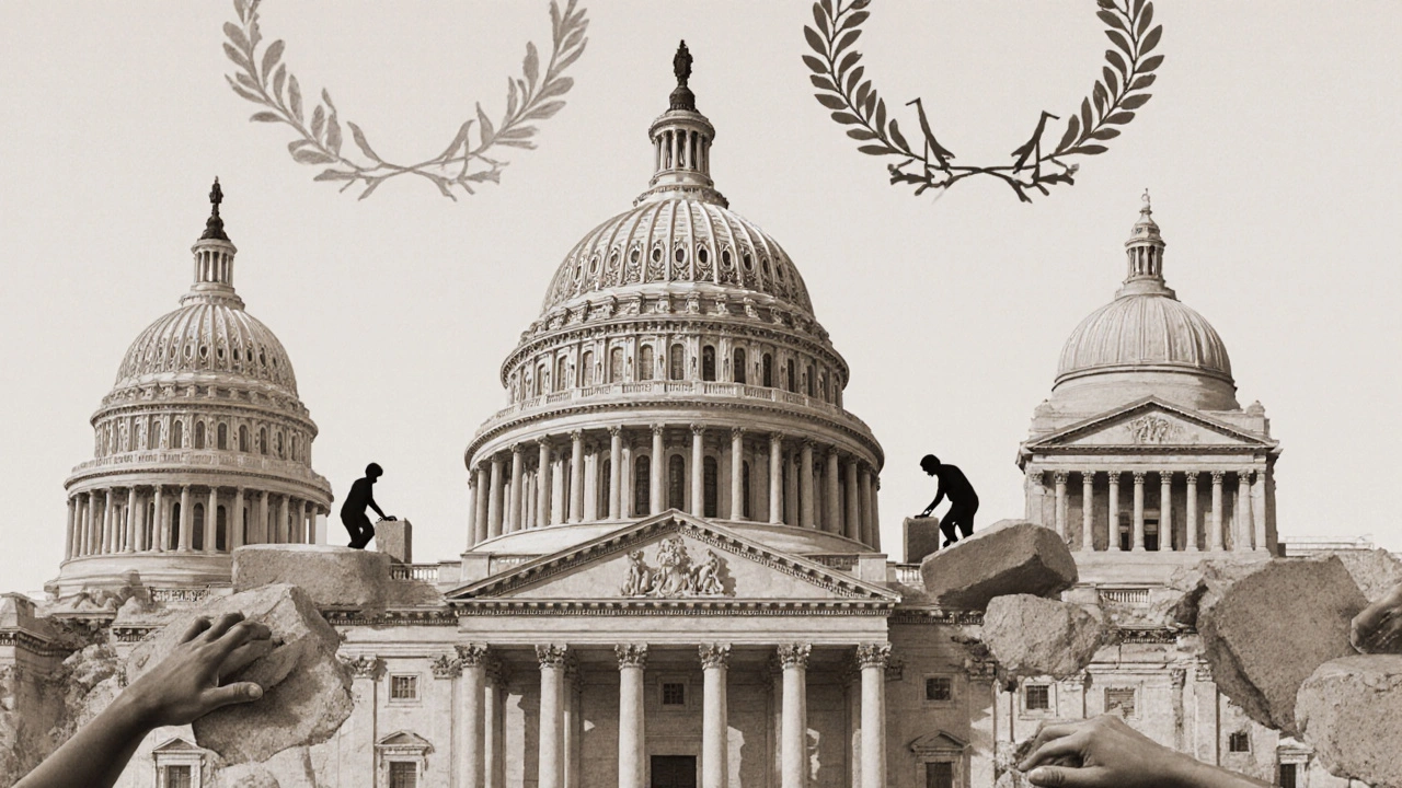 Fusion of neoclassical buildings from Britain, America, and Australia, symbolizing global architectural influence.