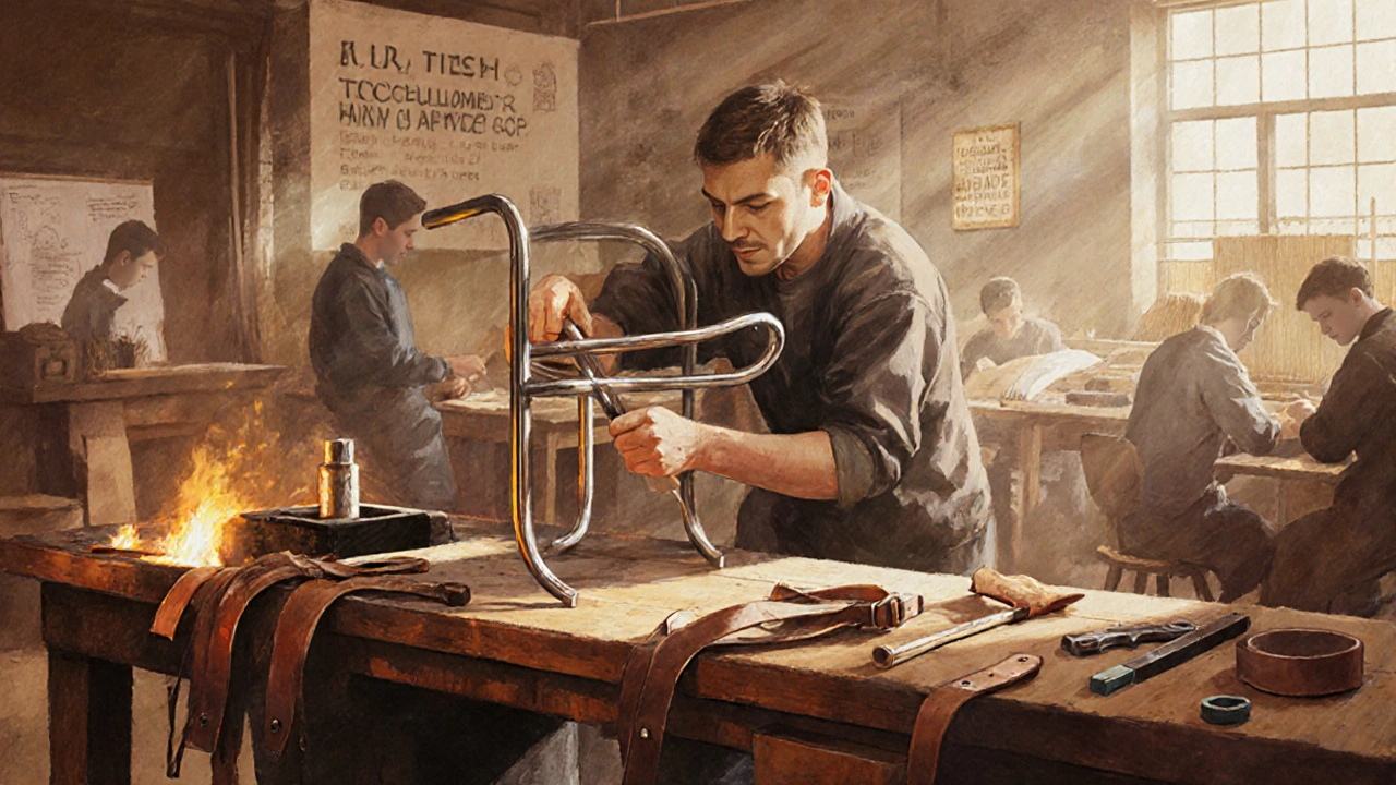 Marcel Breuer shaping steel tubing into the iconic Wassily Chair in a workshop.