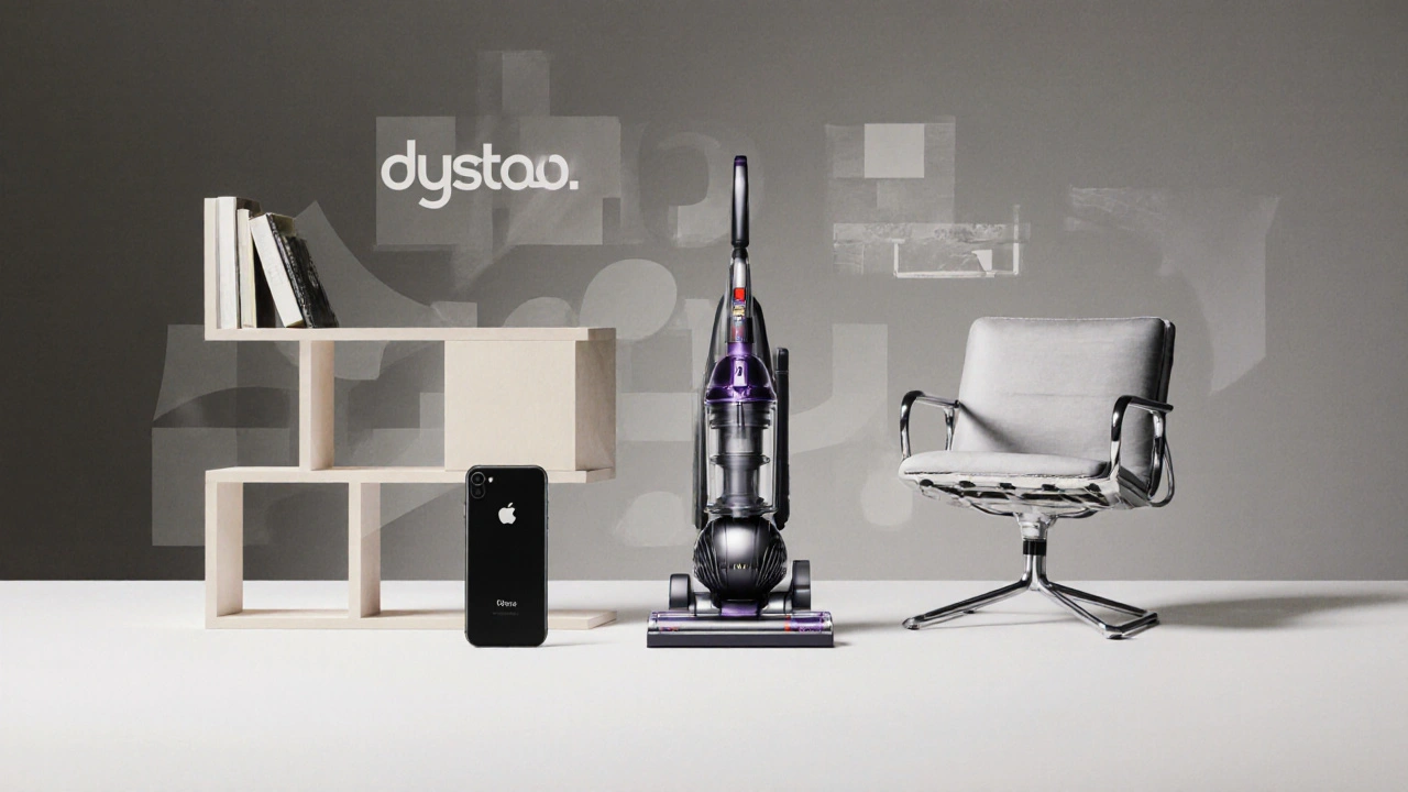 Modern objects like iPhone, Dyson vacuum, and IKEA shelf embodying Bauhaus design principles.