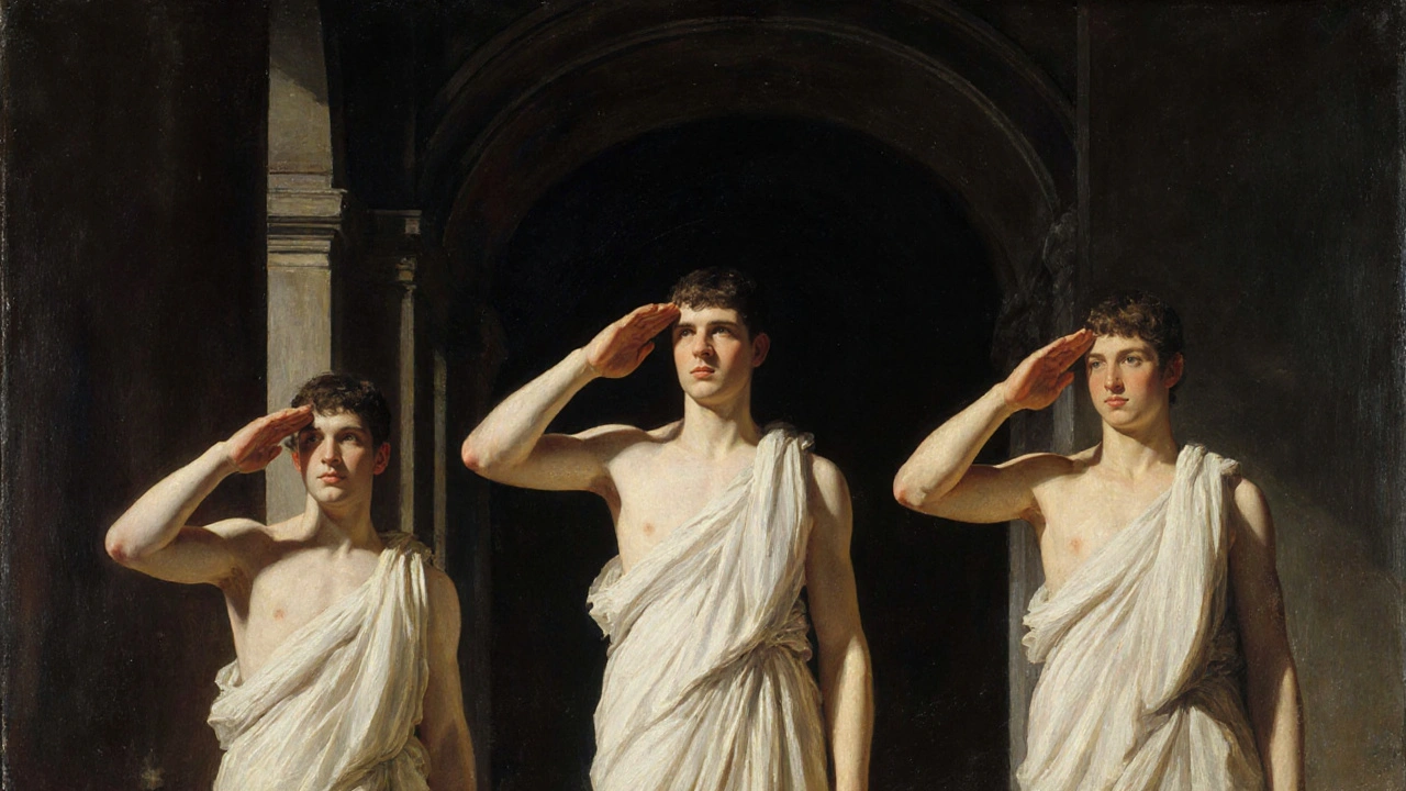 Neoclassical painting of three brothers saluting their father in a dark interior with dramatic lighting and Roman arches.