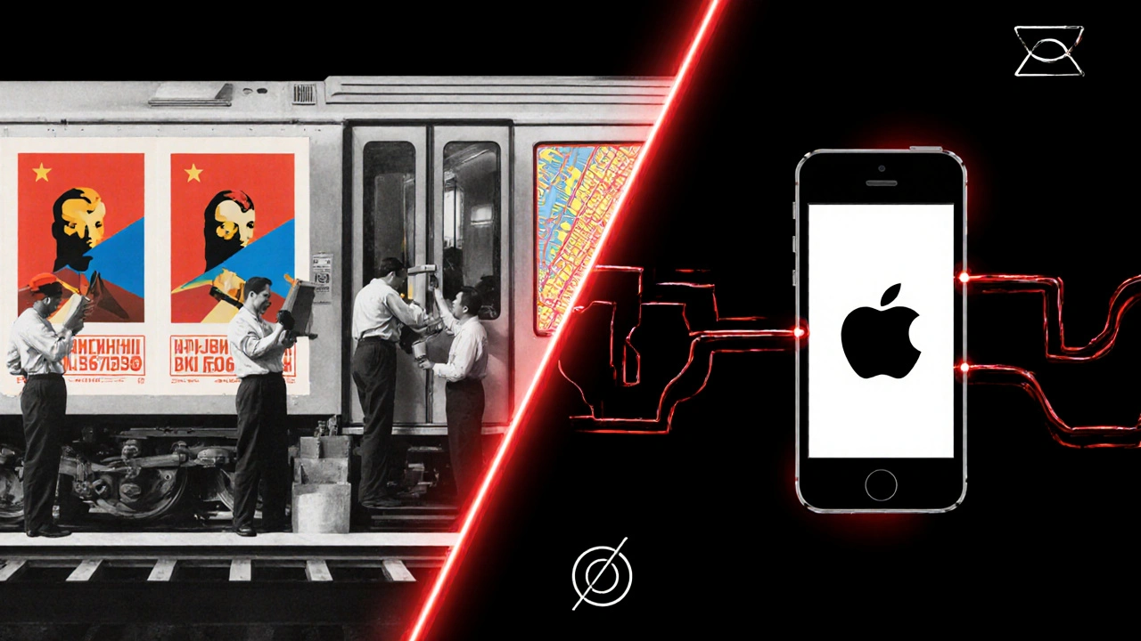 Side-by-side: 1920s Soviet posters and modern minimalist designs like Apple logo and subway map, connected by geometric forms.