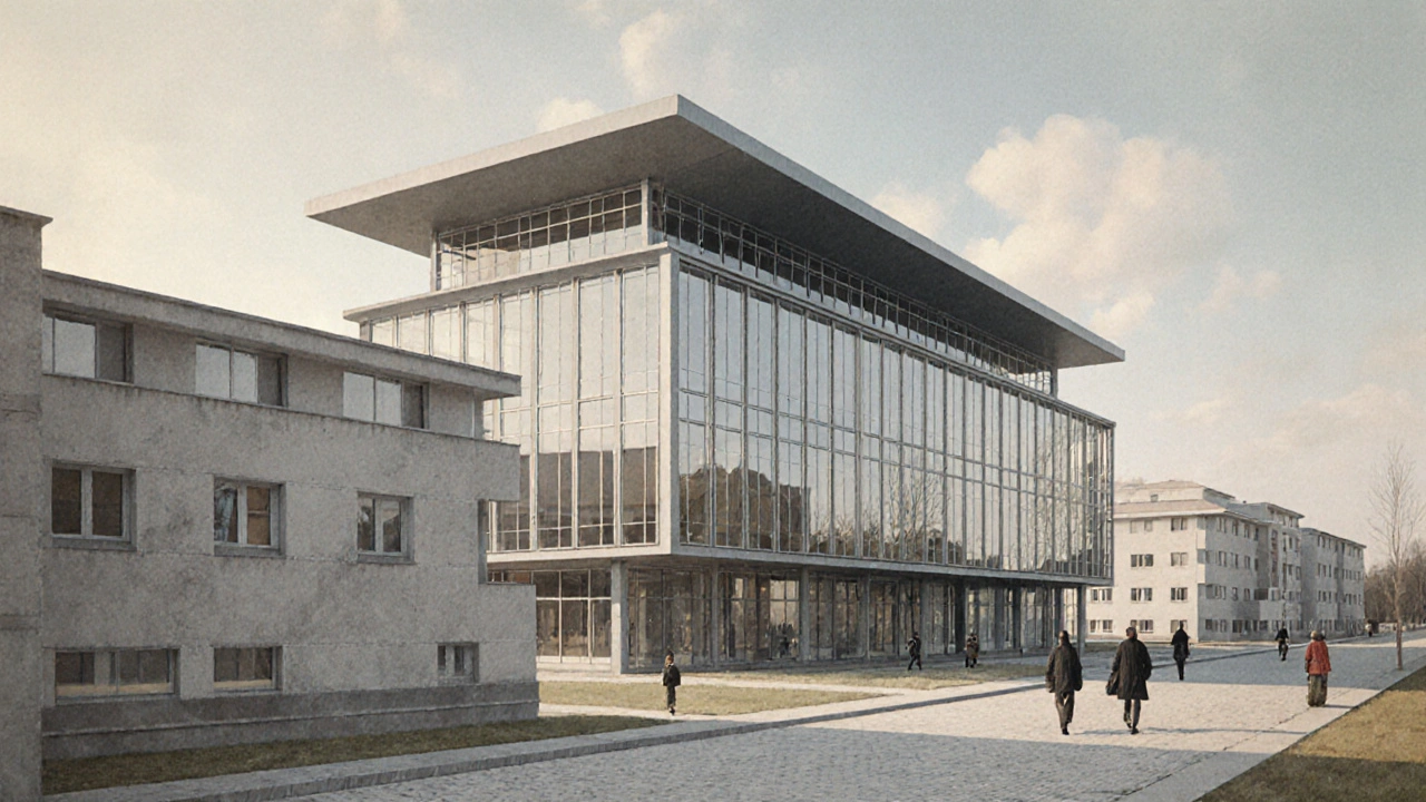 The iconic Bauhaus building in Dessau with glass walls and flat roof reflecting the sky.