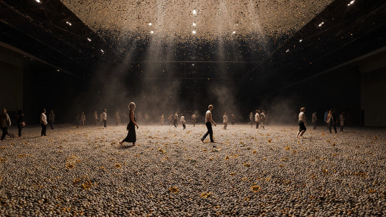 Thousands of porcelain sunflower seeds covering a floor, with visitors walking barefoot among them.