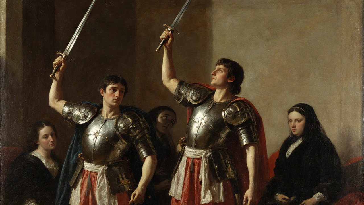 Three Roman brothers raising swords in a rigid composition, surrounded by stark walls and emotional silence.