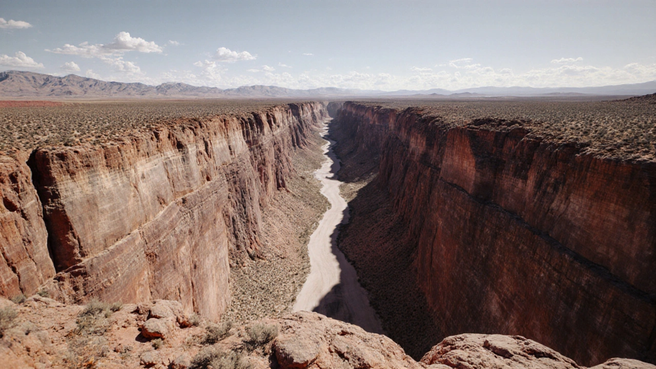 Two massive trenches carved into red desert cliffs in Nevada, stretching into the horizon under an empty sky.