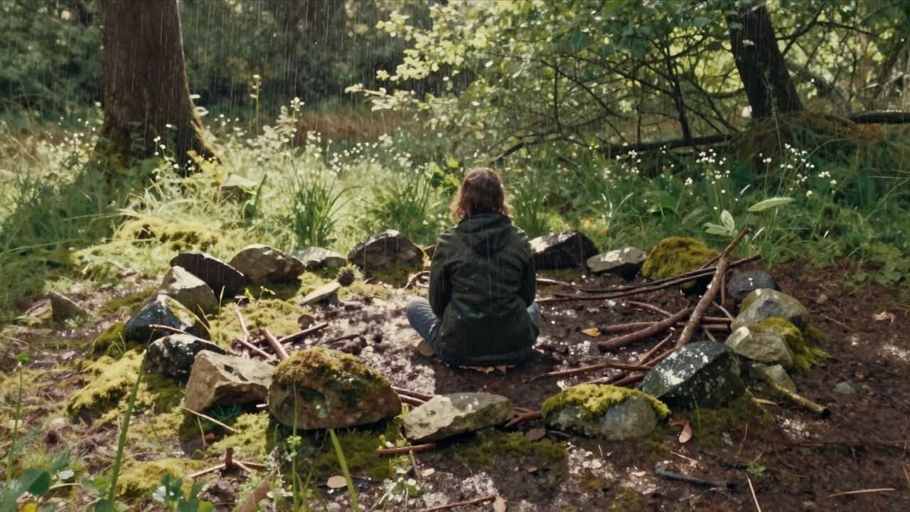 A person sitting quietly in a small earthwork circle of stones and branches in a rainy woodland.