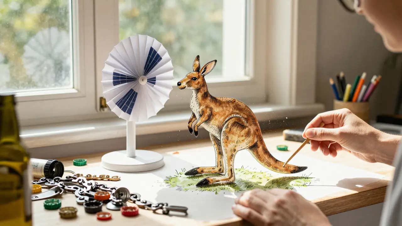 A small solar-powered sculpture made from recycled materials in a sunny window.