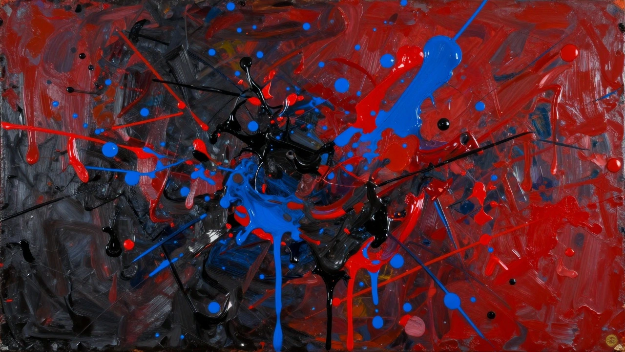Abstract expressionist canvas covered in thick drips and splatters of red, black, and blue paint.
