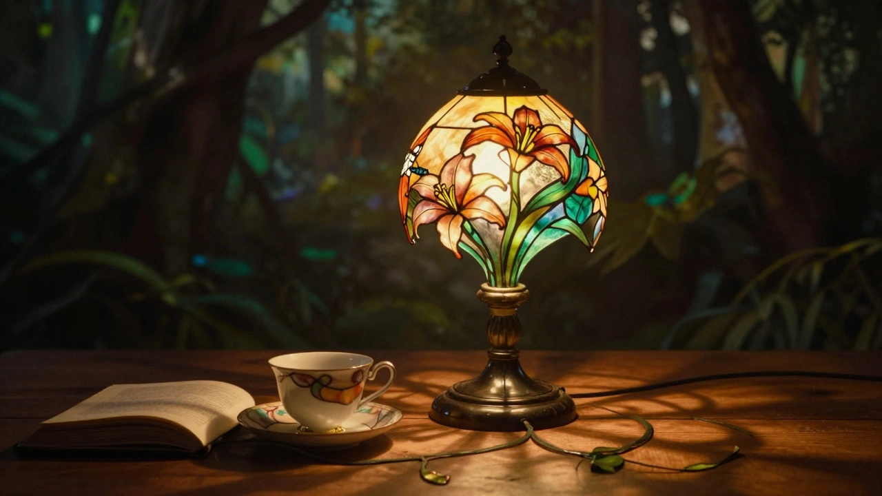 An Art Nouveau stained-glass lamp glowing with floral and insect motifs, casting vine-like shadows on a wooden table.