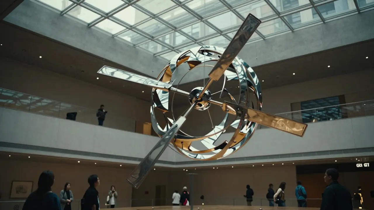 An intricate metal kinetic sculpture spinning under natural light in a museum.