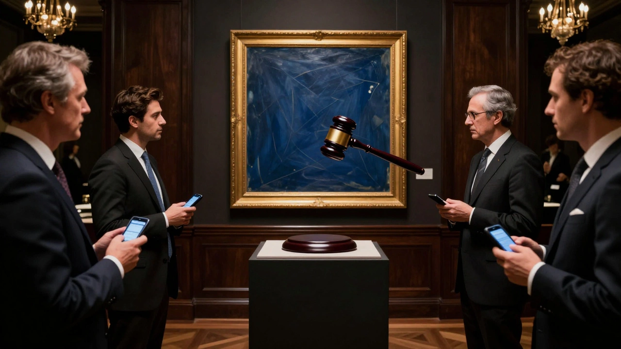 Auction house scene with bidders using silent devices as a Frank Stella painting is about to be sold.