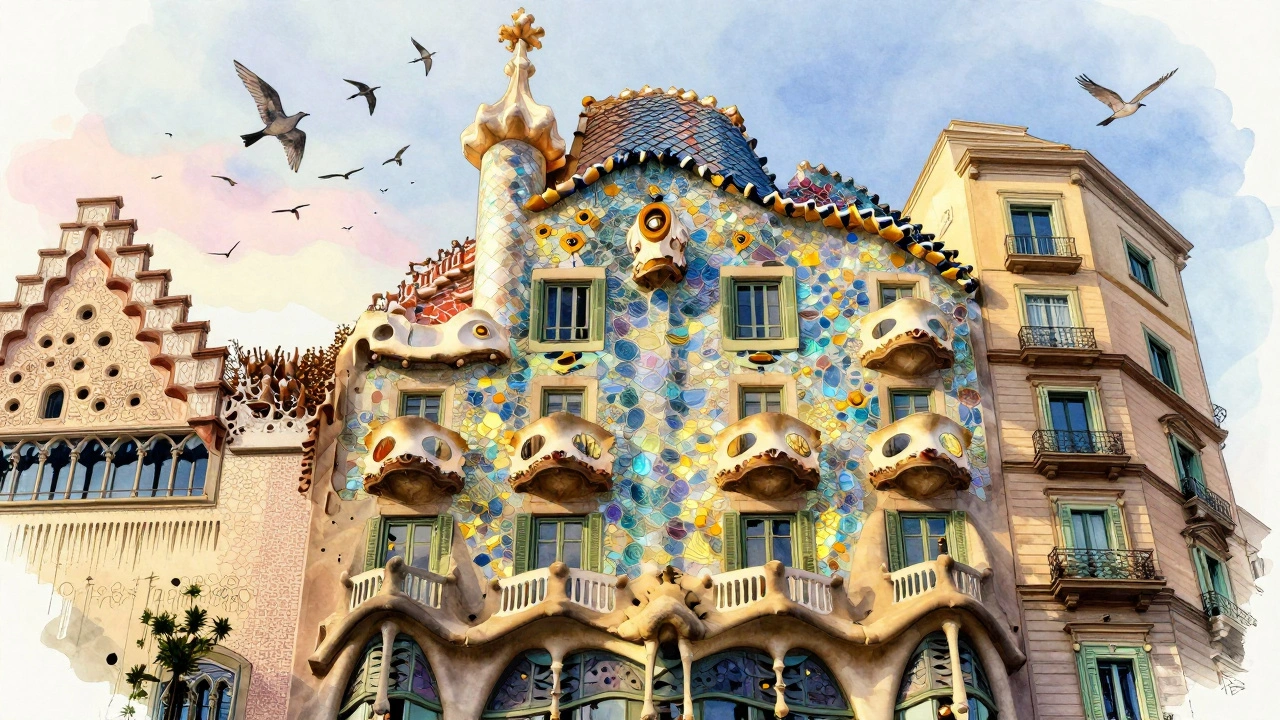 Casa Batlló in Barcelona resembling a dragon’s spine, covered in shimmering tiles under golden afternoon light.