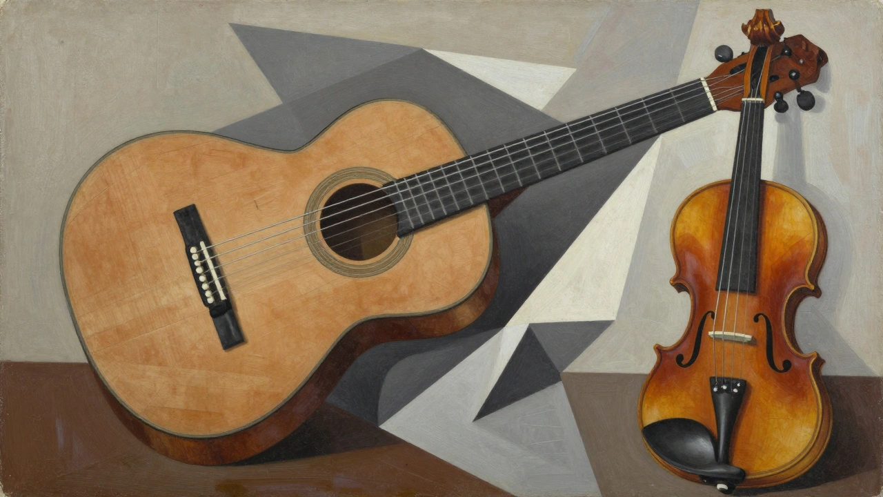 Cubist guitar and violin broken into geometric planes, multiple angles merged on a flat surface.