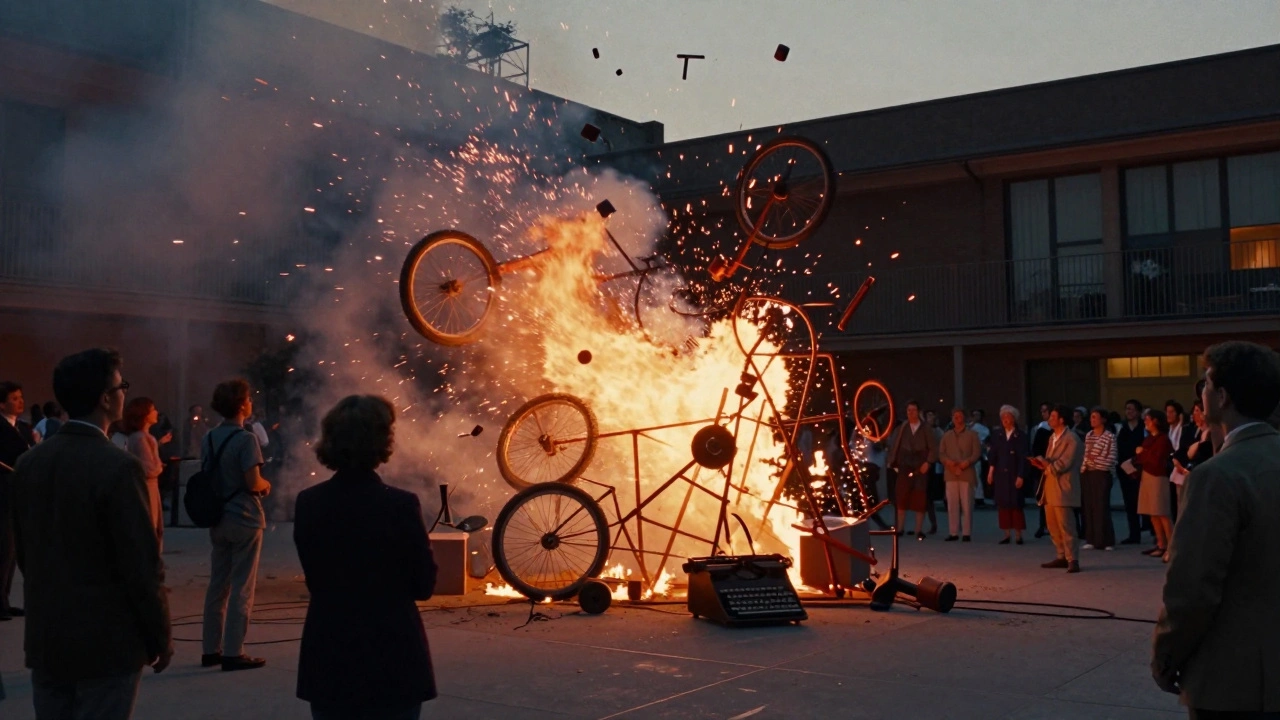 Jean Tinguely’s fiery, self-destructing mechanical sculpture in a 1960s museum courtyard.