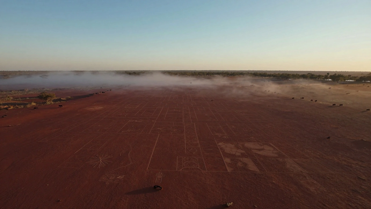 Massive stone geoglyphs visible from above across the Australian Outback at dawn.