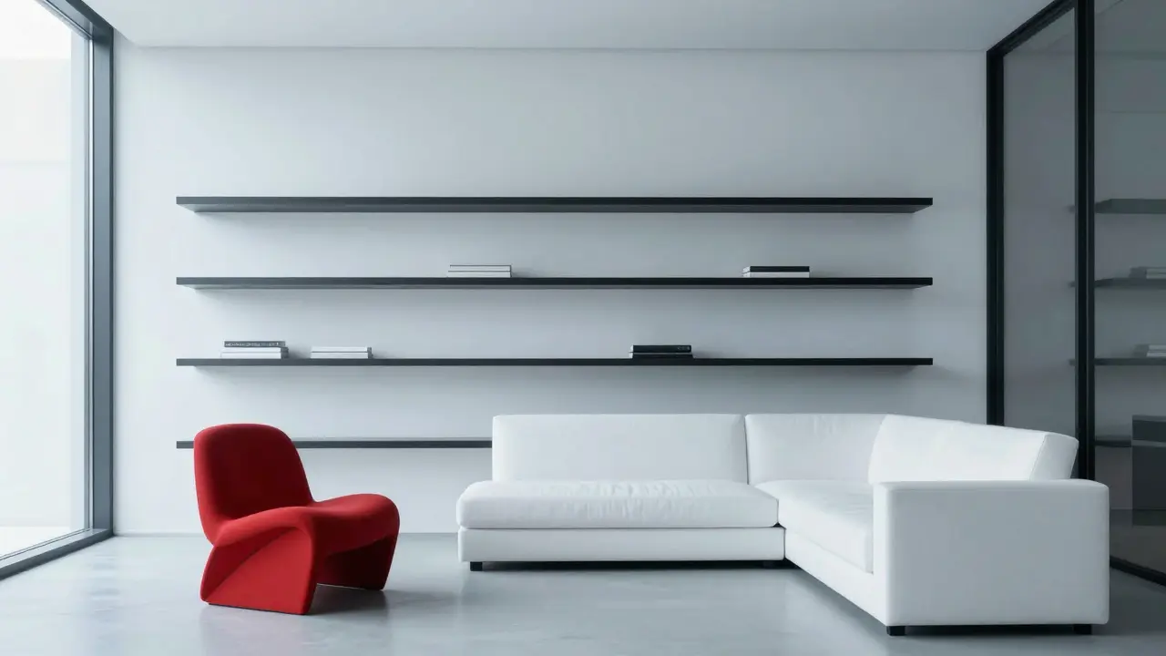 Minimalist living room with floating shelves and red accent chair, arranged in strict geometric order.
