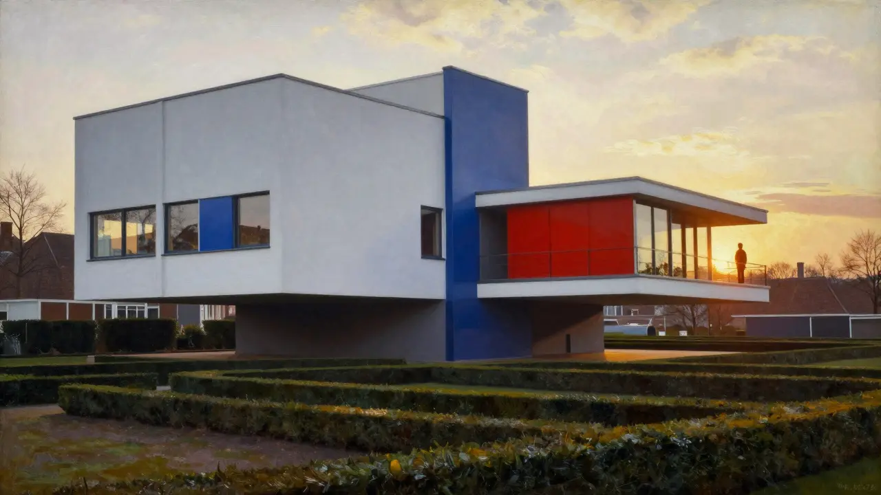 Rietveld Schröder House at sunset, showing geometric white walls and bold red and blue accents in pure De Stijl style.