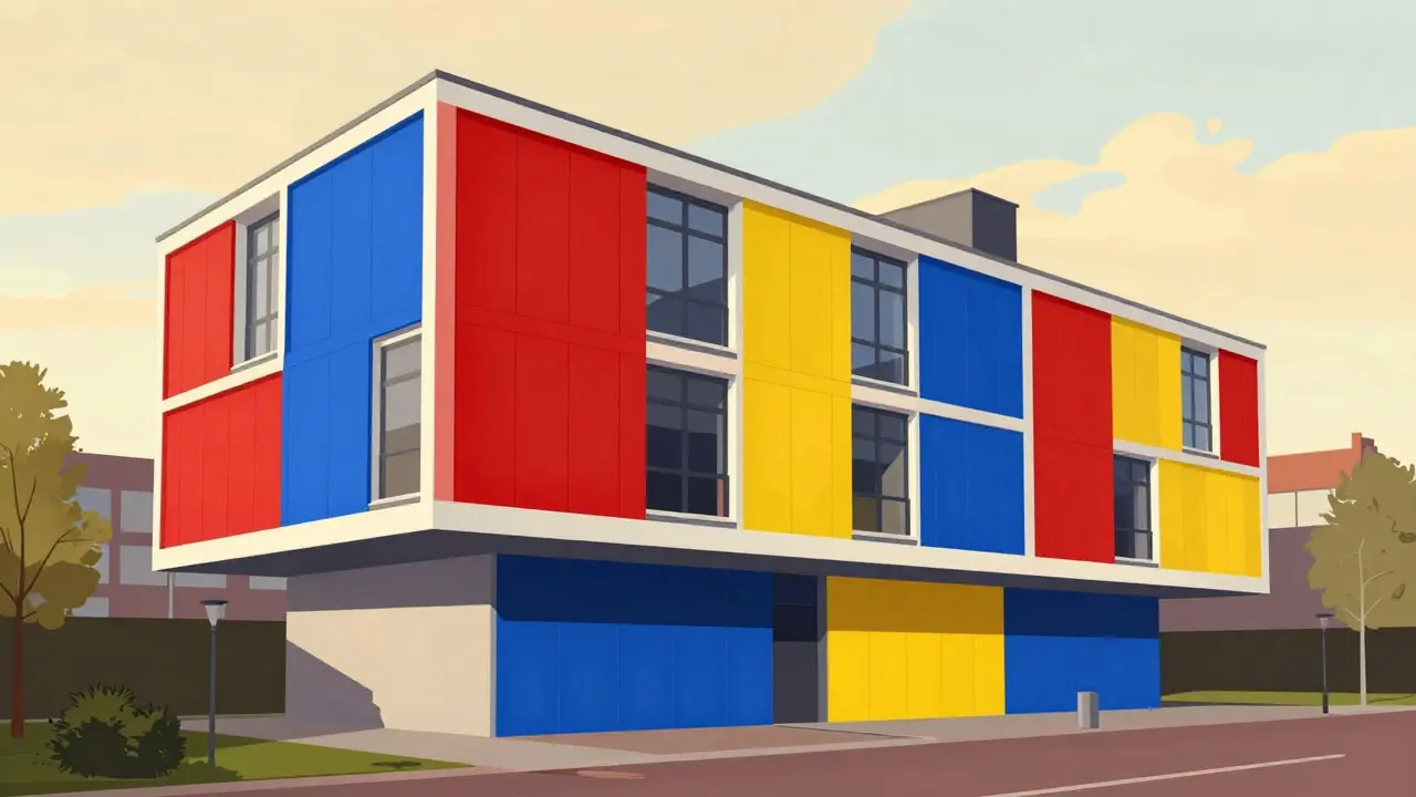 Rietveld Schröder House with bold primary colors and sliding panels under golden hour light.