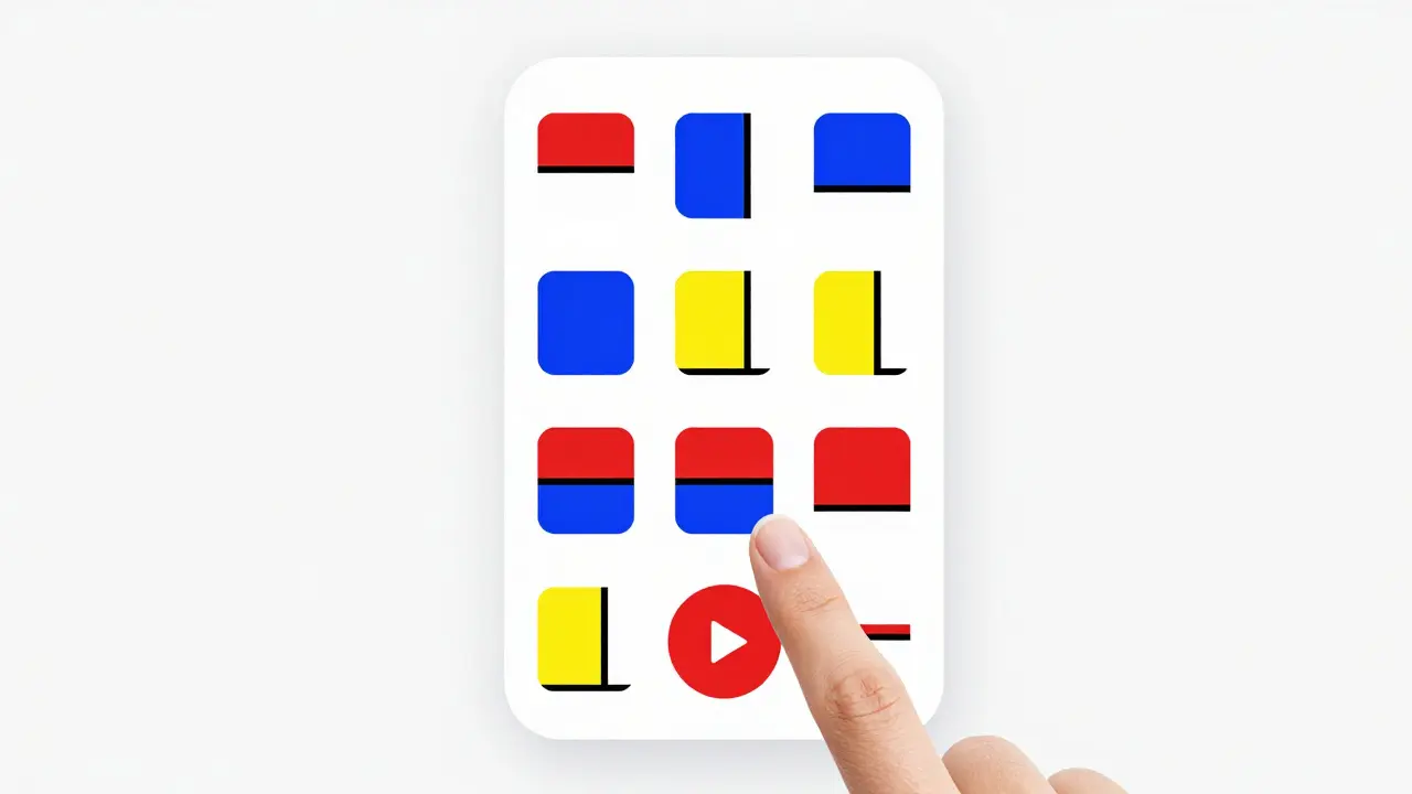 Smartphone screen with app icons arranged in a De Stijl grid of primary colors on white, no borders or decorations.