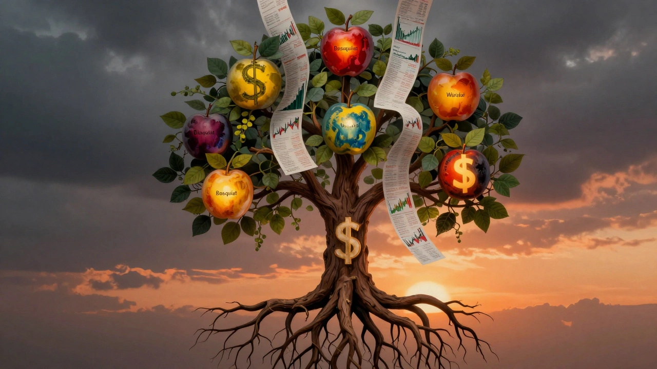 Symbolic tree with art icons as fruit, rooted in financial charts, representing art as a growing investment.