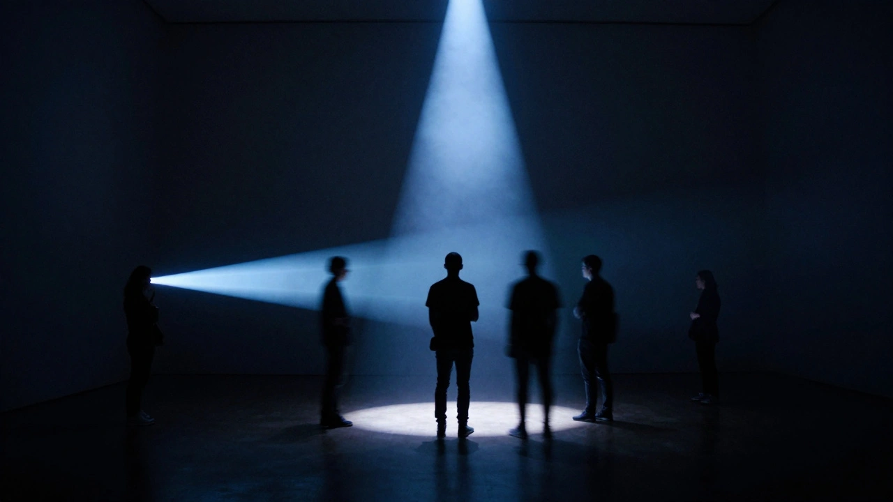 Visitors standing in a rotating light beam, their shadows merging with kinetic art in a dark gallery.