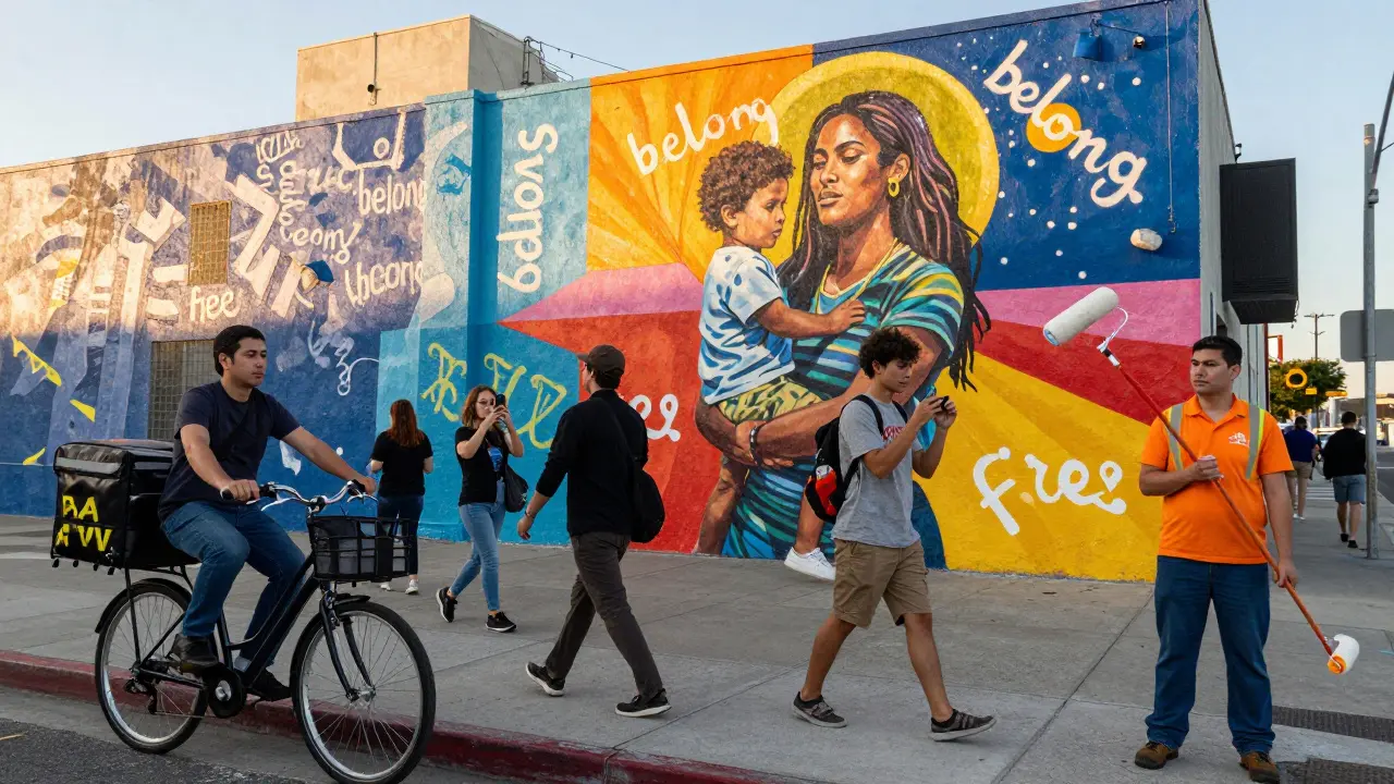 A colorful community mural in Los Angeles with people stopping to view and photograph it.