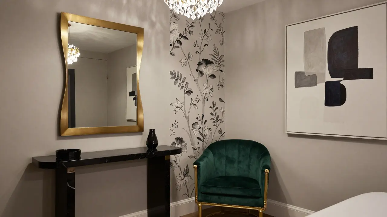 A modern hotel room blending brushed gold curves and velvet furniture with minimalist decor.