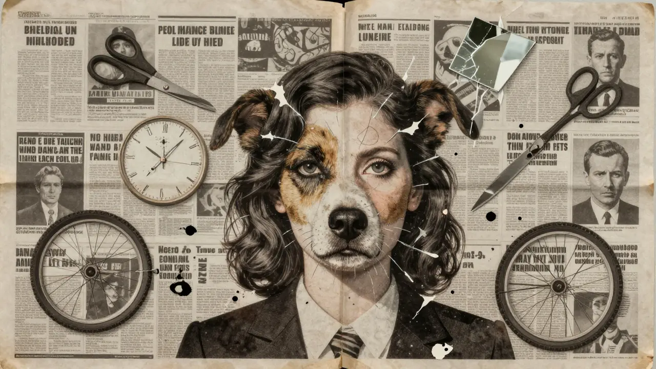 A photomontage face made of dog fur, clock parts, and a politician, surrounded by scattered objects.