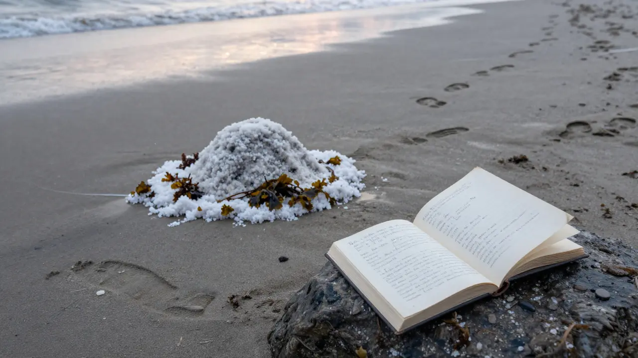 A salt and seaweed sculpture dissolving into the tide at dawn, beside a handwritten refugee book.