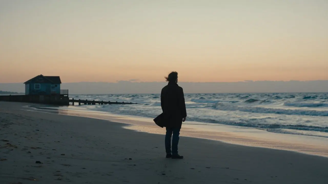 A solitary man stands on a windswept beach at dusk, gazing at the ocean.